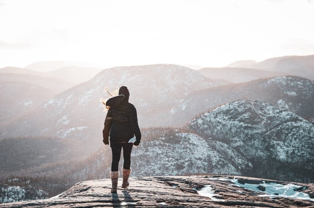 woman, snow, mountains